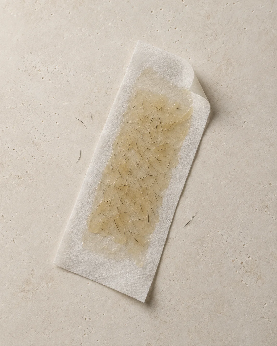 Een gebruikte harsstrip met haartjes op een zandkleurige ondergrond